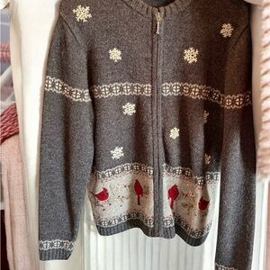Croft & Barrow Charcoal Cardigan with Snowflake and Cardinal Pattern
